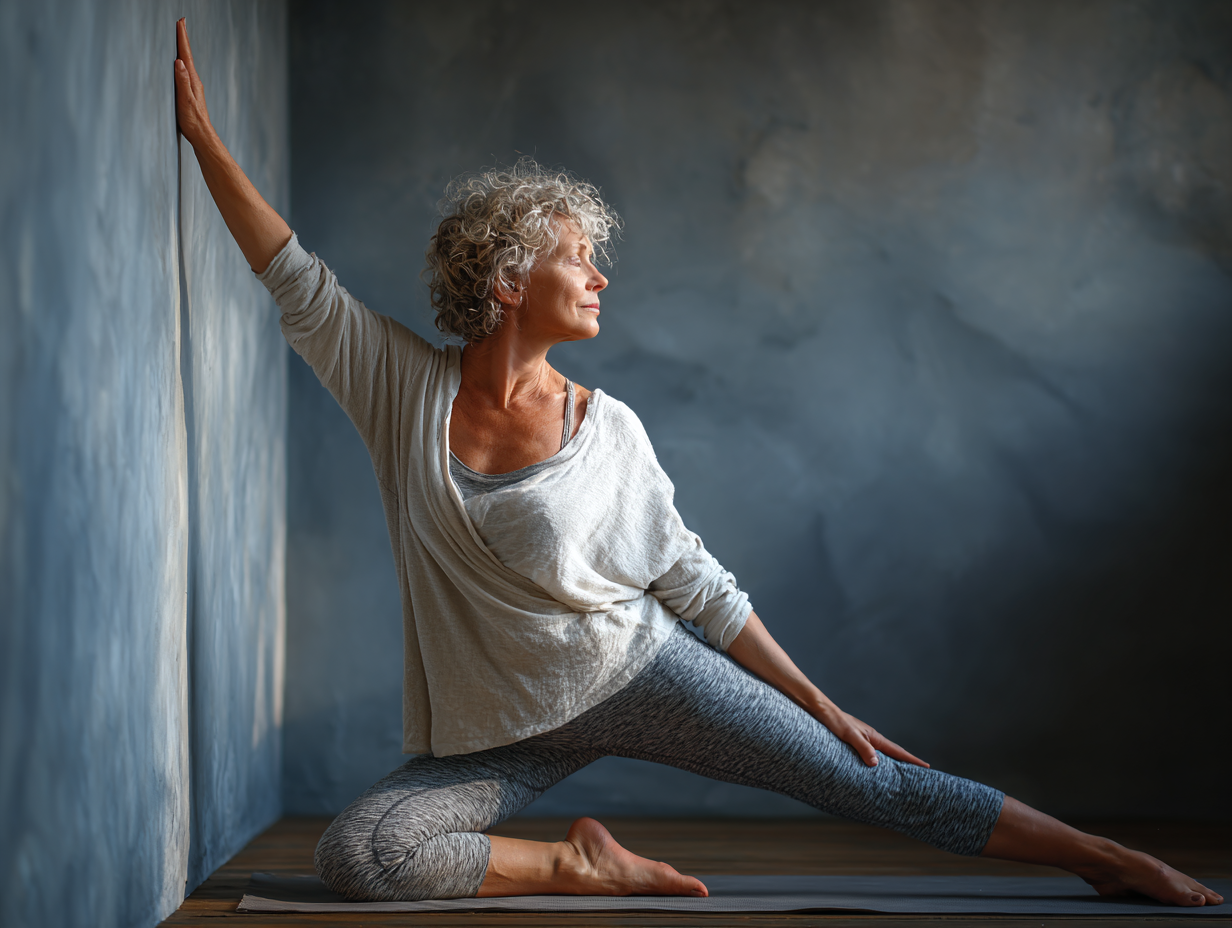 Літня жінка практикує йогу на свіжому повітрі