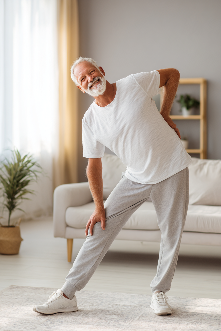 Літній чоловік виконує вправи на розтяжку